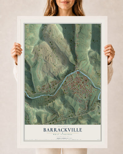 Map of Barrackville, West Virginia, 24 x 36 inch print in a white wood frame