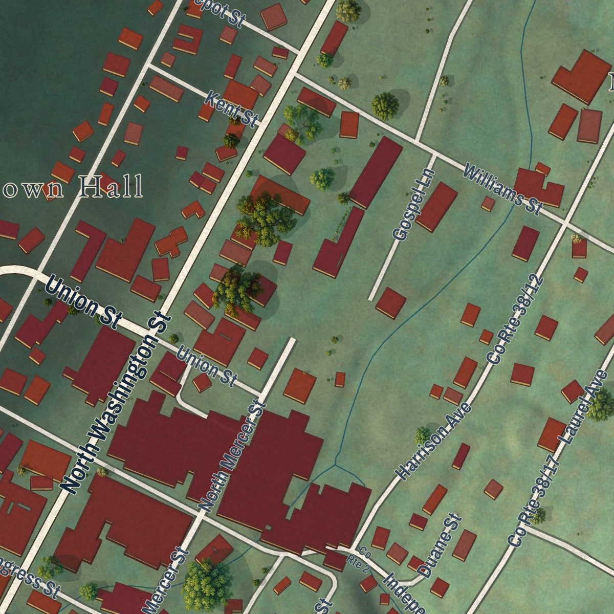 Second close-up of the map of Bath (Berkeley Springs), West Virginia print showing more streets and buildings