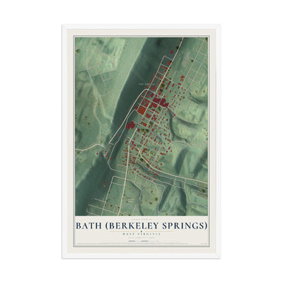 Map of Bath (Berkeley Springs), West Virginia, 12 x 18 inch print in a white wood frame