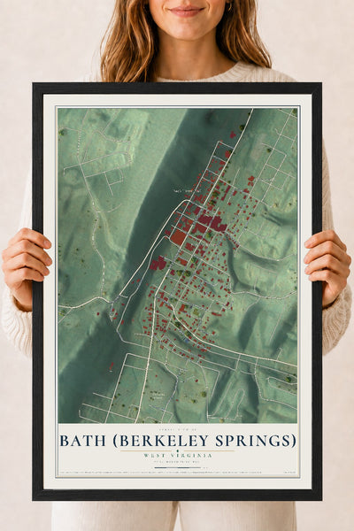 Map of Bath (Berkeley Springs), West Virginia, 18 x 24 inch print in a black wood frame