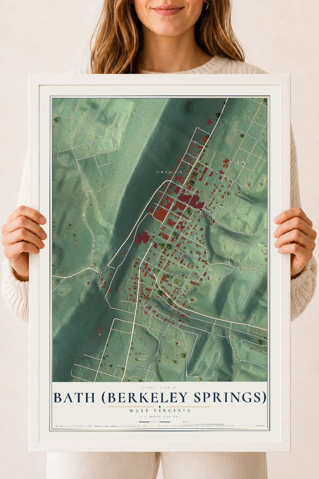Map of Bath (Berkeley Springs), West Virginia, 18 x 24 inch print in a white wood frame