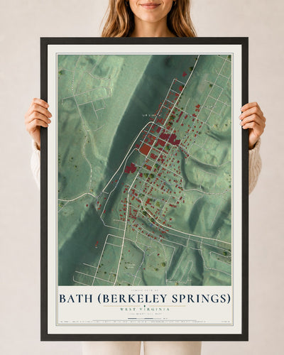 Map of Bath (Berkeley Springs), West Virginia, 24 x 36 inch print in a black wood frame
