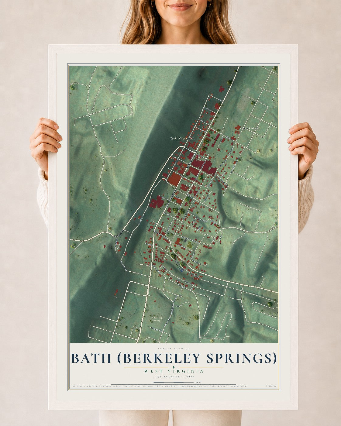 Map of Bath (Berkeley Springs), West Virginia, 24 x 36 inch print in a white wood frame