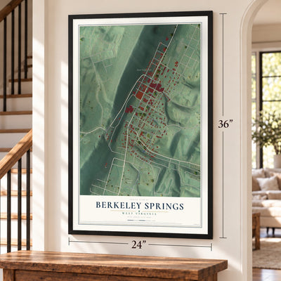 Berkeley Springs, West Virginia map, 24 x 36 inch print in a black frame by a staircase