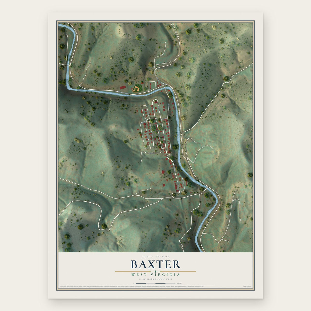 Baxter, West Virginia map print, the full design