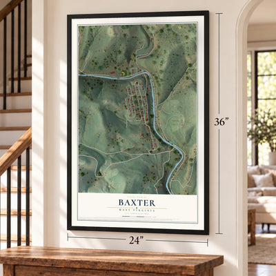 Baxter, West Virginia map, 24 x 36 inch print in a black frame by a staircase