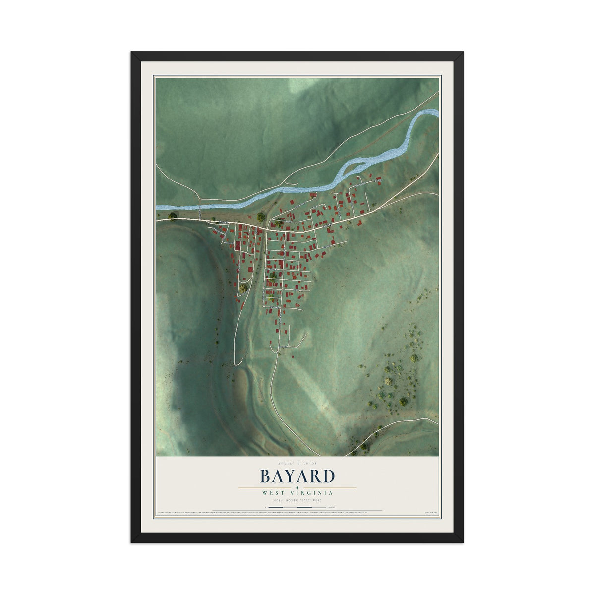 Map of Bayard, West Virginia, 12 x 18 inch print in a black wood frame