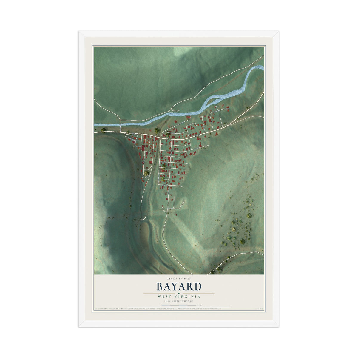 Map of Bayard, West Virginia, 12 x 18 inch print in a white wood frame