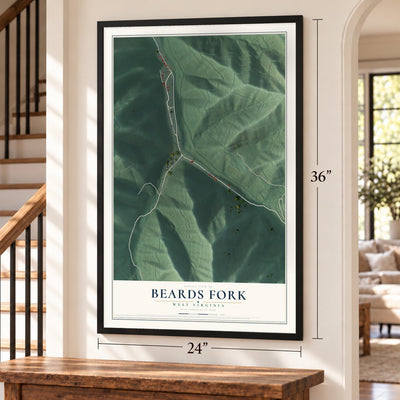 Beards Fork, West Virginia map, 24 x 36 inch print in a black frame by a staircase