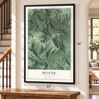 Beaver, West Virginia map, 24 x 36 inch print in a black frame by a staircase