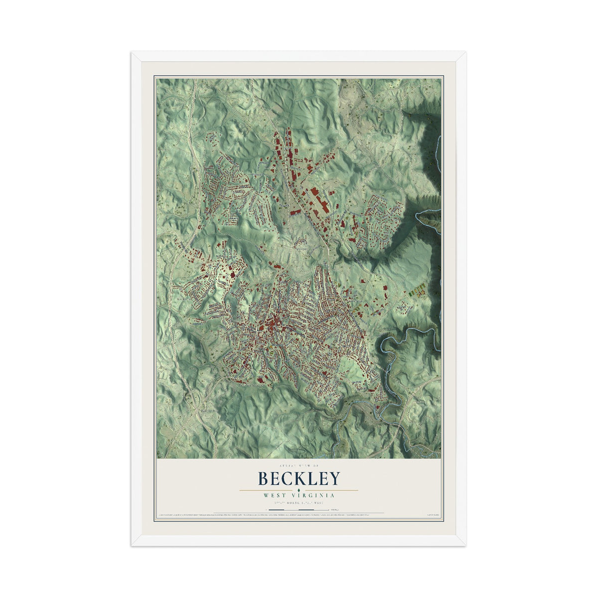 Map of Beckley, West Virginia, 12 x 18 inch print in a white wood frame