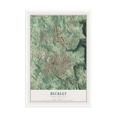 Map of Beckley, West Virginia, 12 x 18 inch print in a white wood frame