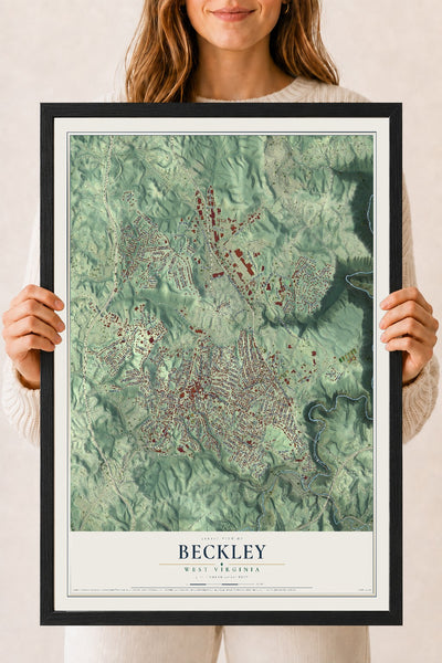 Map of Beckley, West Virginia, 18 x 24 inch print in a black wood frame