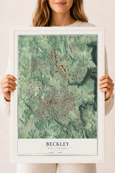 Map of Beckley, West Virginia, 18 x 24 inch print in a white wood frame