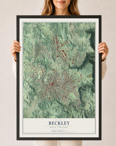 Map of Beckley, West Virginia, 24 x 36 inch print in a black wood frame