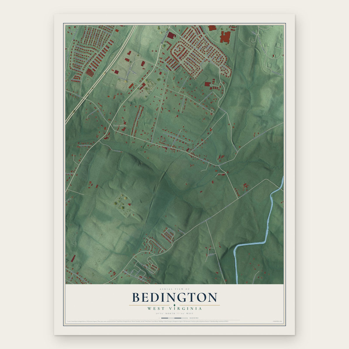 Bedington, West Virginia map print, the full design