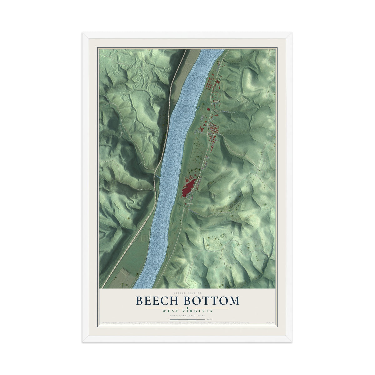 Map of Beech Bottom, West Virginia, 12 x 18 inch print in a white wood frame