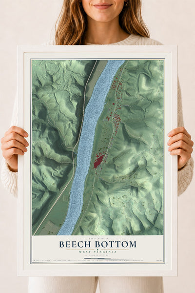 Map of Beech Bottom, West Virginia, 18 x 24 inch print in a white wood frame