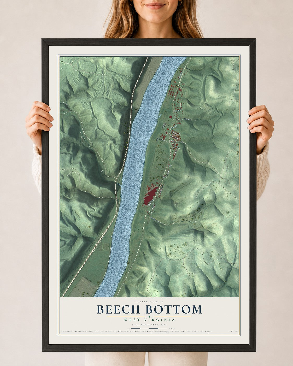 Map of Beech Bottom, West Virginia, 24 x 36 inch print in a black wood frame