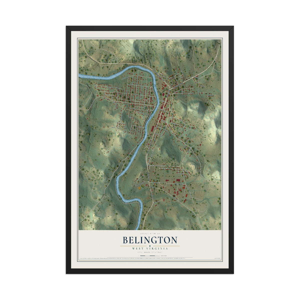 Map of Belington, West Virginia, 12 x 18 inch print in a black wood frame