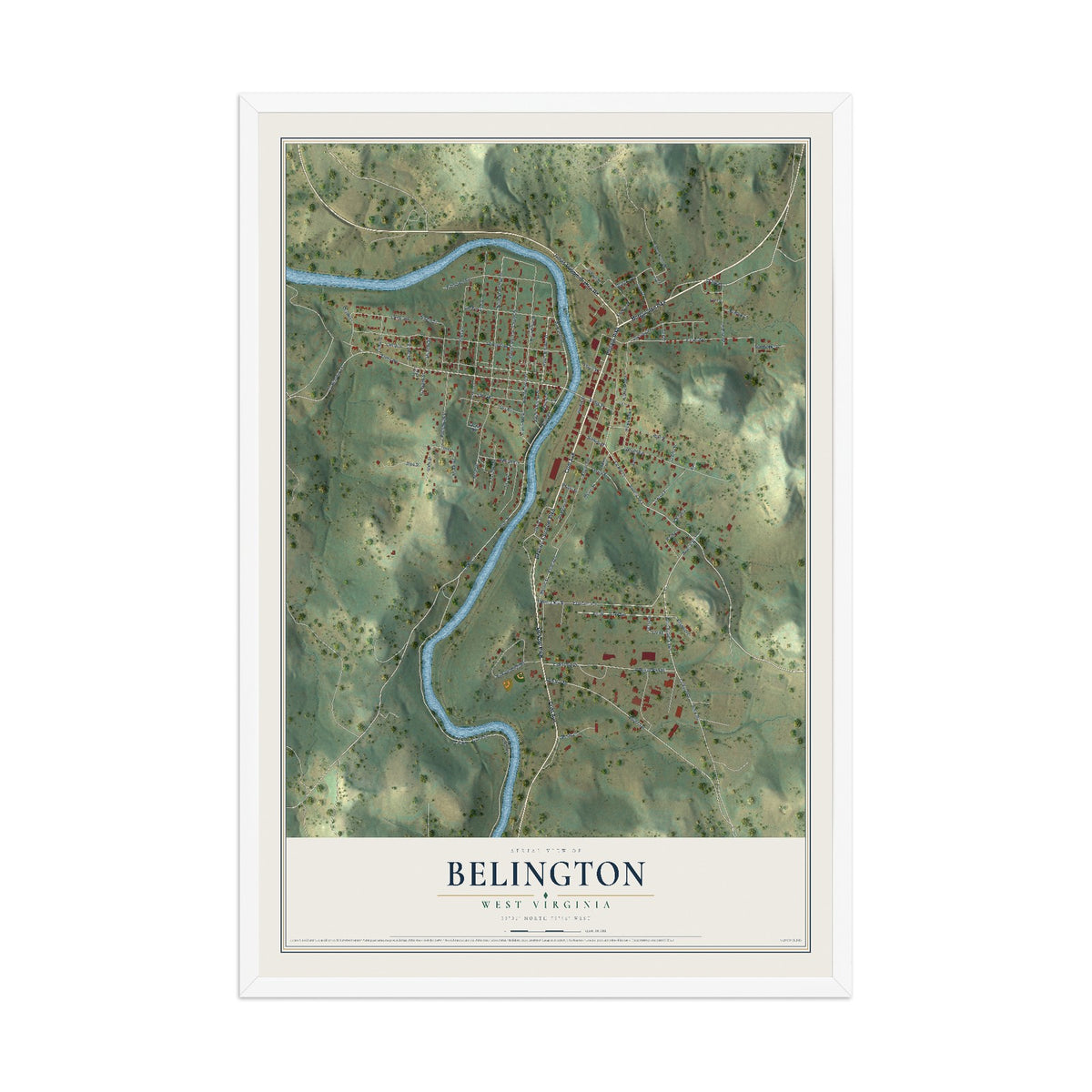 Map of Belington, West Virginia, 12 x 18 inch print in a white wood frame