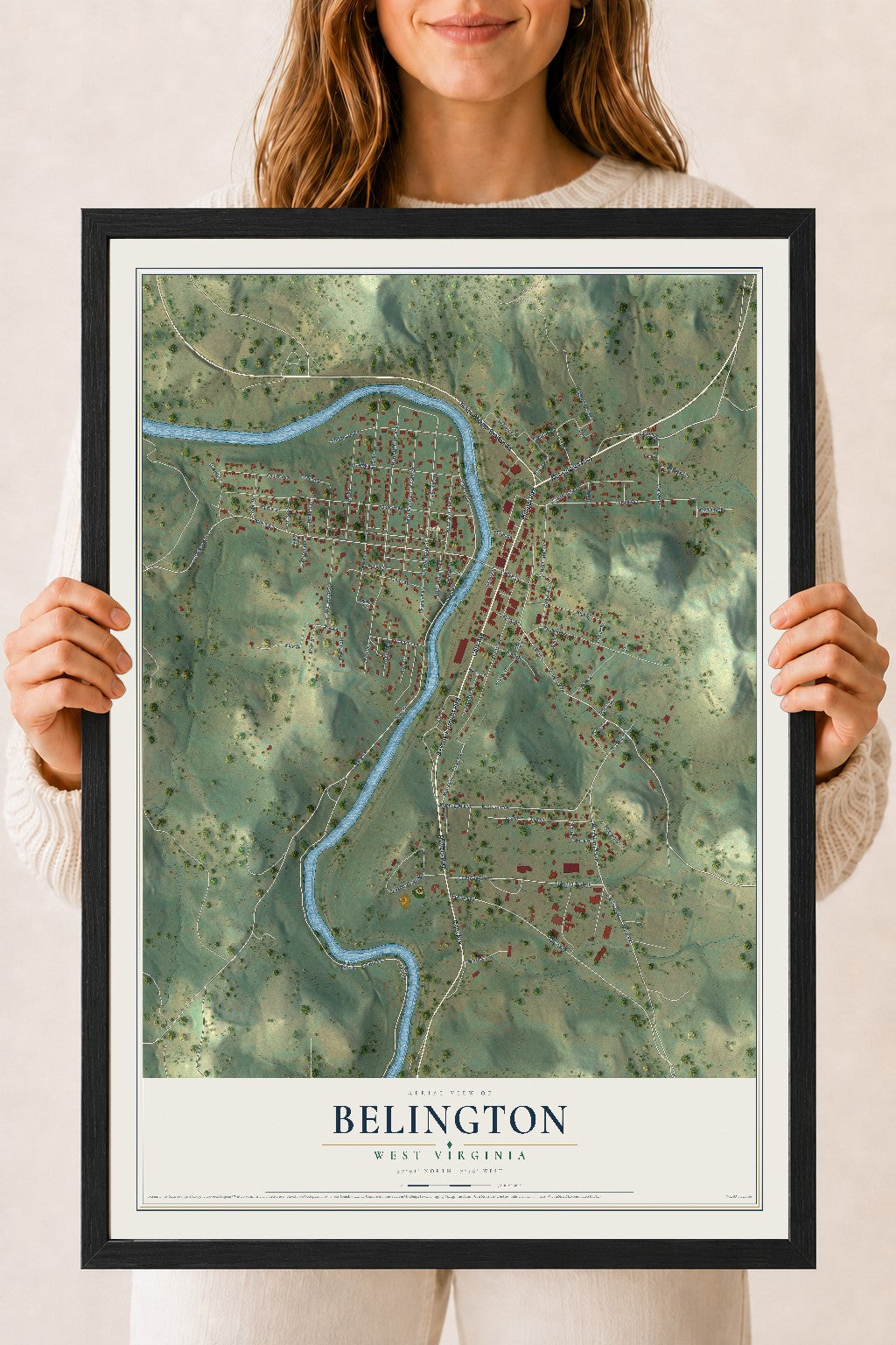 Map of Belington, West Virginia, 18 x 24 inch print in a black wood frame