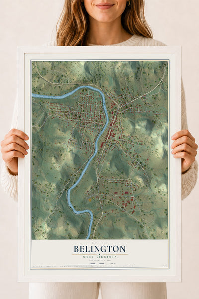 Map of Belington, West Virginia, 18 x 24 inch print in a white wood frame