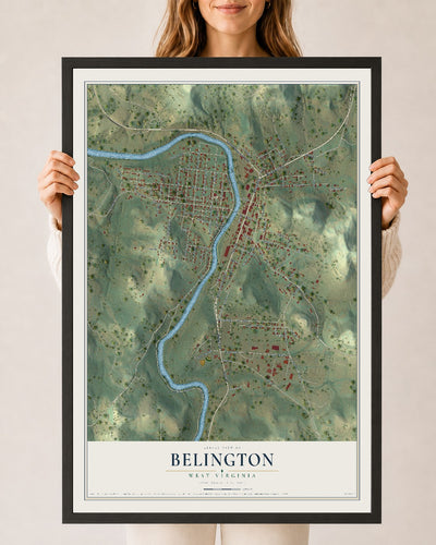 Map of Belington, West Virginia, 24 x 36 inch print in a black wood frame