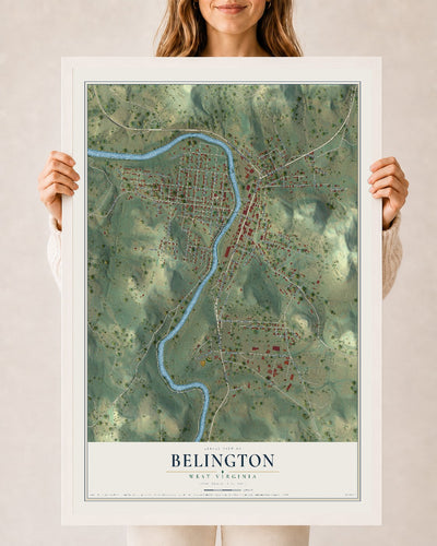 Map of Belington, West Virginia, 24 x 36 inch print in a white wood frame