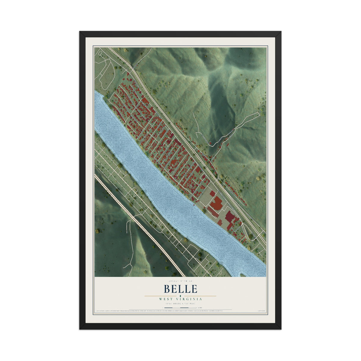 Map of Belle, West Virginia, 12 x 18 inch print in a black wood frame