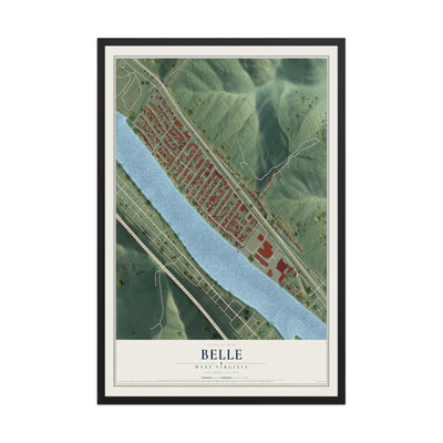 Map of Belle, West Virginia, 12 x 18 inch print in a black wood frame