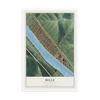 Map of Belle, West Virginia, 12 x 18 inch print in a white wood frame
