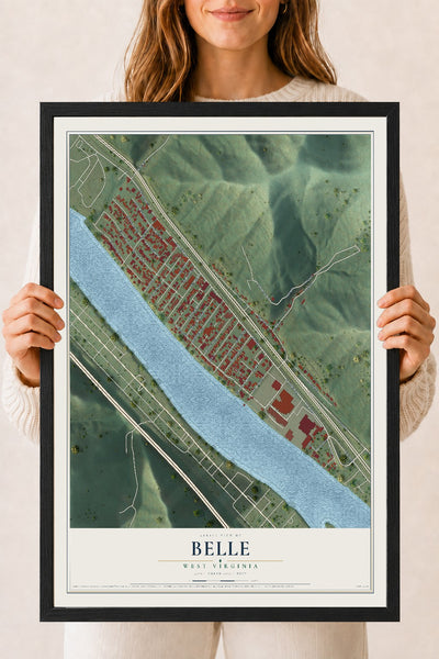 Map of Belle, West Virginia, 18 x 24 inch print in a black wood frame