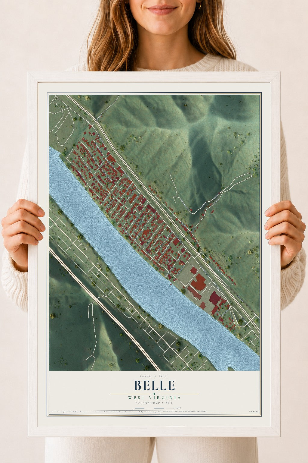 Map of Belle, West Virginia, 18 x 24 inch print in a white wood frame