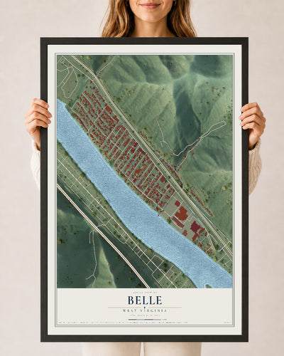 Map of Belle, West Virginia, 24 x 36 inch print in a black wood frame