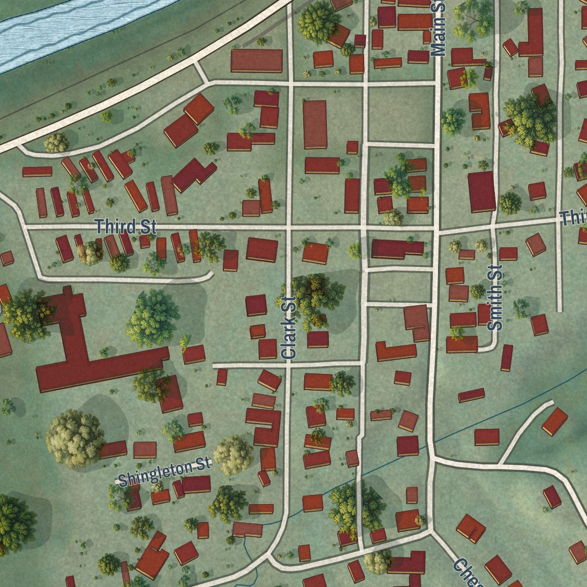 Close-up of the map of Belmont, West Virginia print showing street and building detail