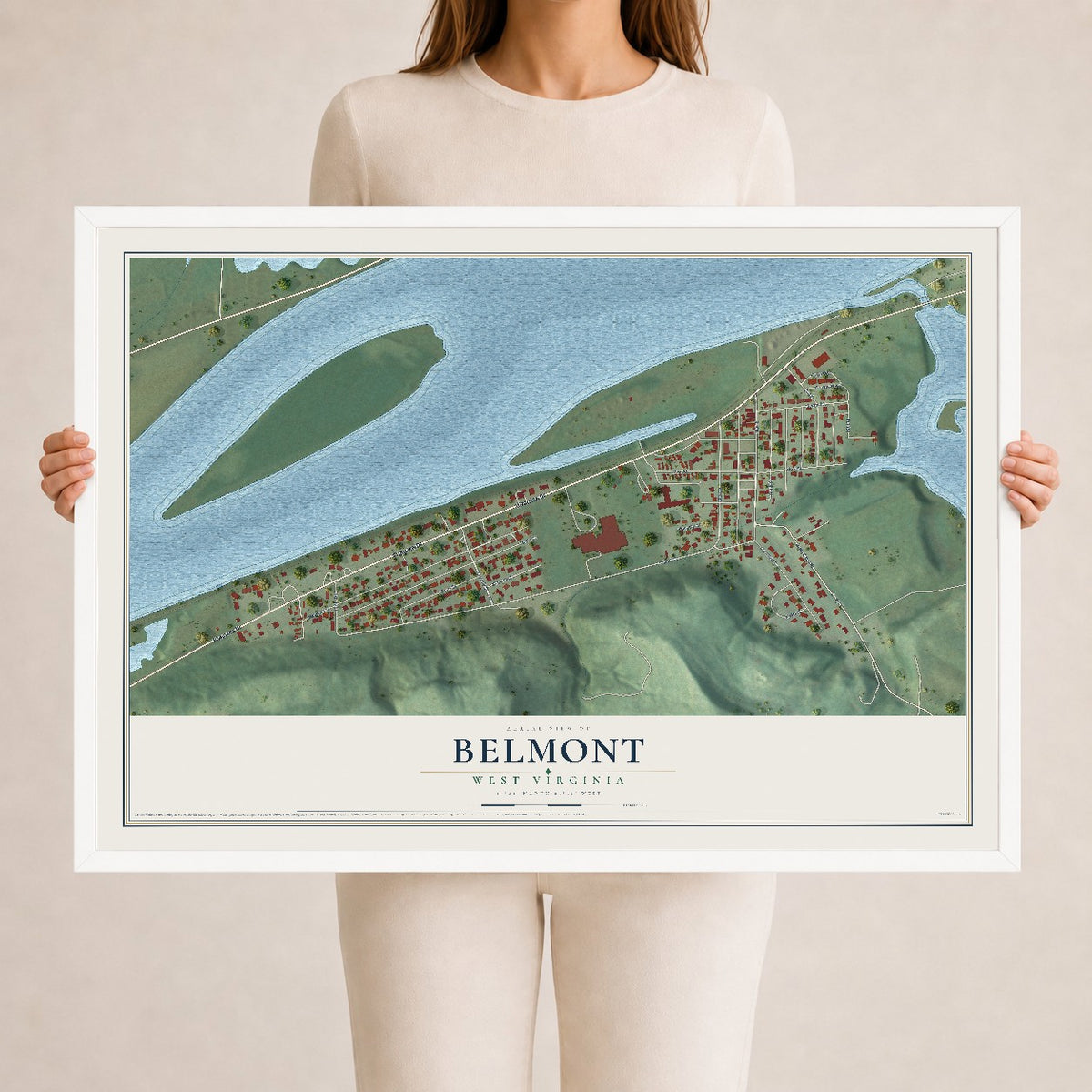 Map of Belmont, West Virginia, 24 x 36 inch print in a white wood frame