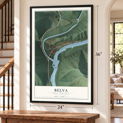 Belva, West Virginia map, 24 x 36 inch print in a black frame by a staircase