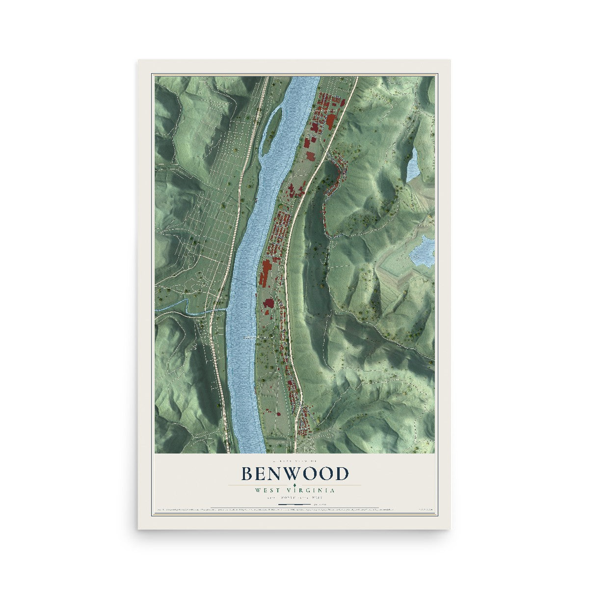 Map of Benwood, West Virginia, 12 x 18 inch unframed archival matte print
