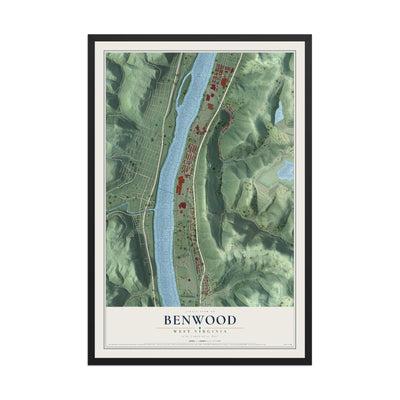Map of Benwood, West Virginia, 12 x 18 inch print in a black wood frame