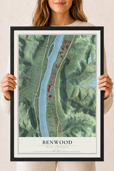 Map of Benwood, West Virginia, 18 x 24 inch print in a black wood frame