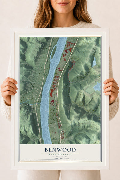 Map of Benwood, West Virginia, 18 x 24 inch print in a white wood frame
