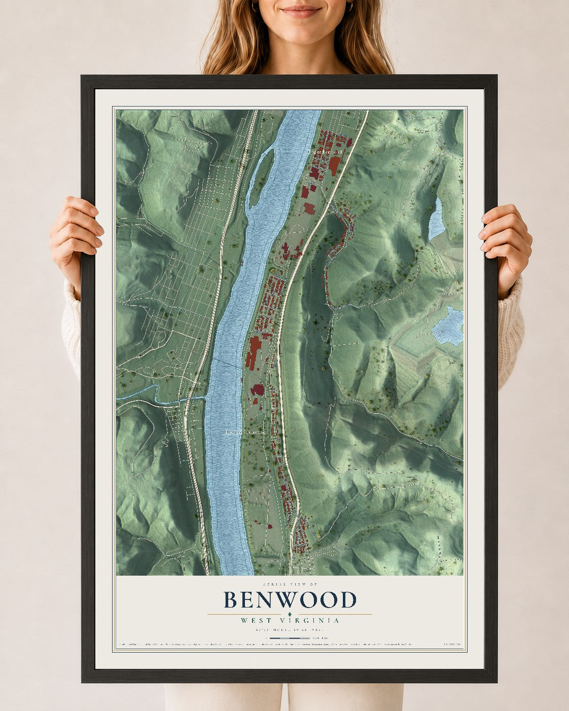 Map of Benwood, West Virginia, 24 x 36 inch print in a black wood frame