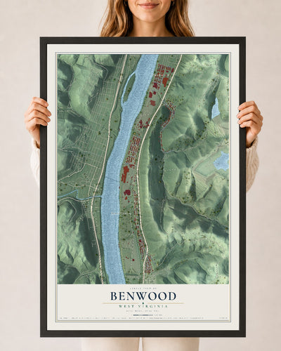 Map of Benwood, West Virginia, 24 x 36 inch print in a black wood frame