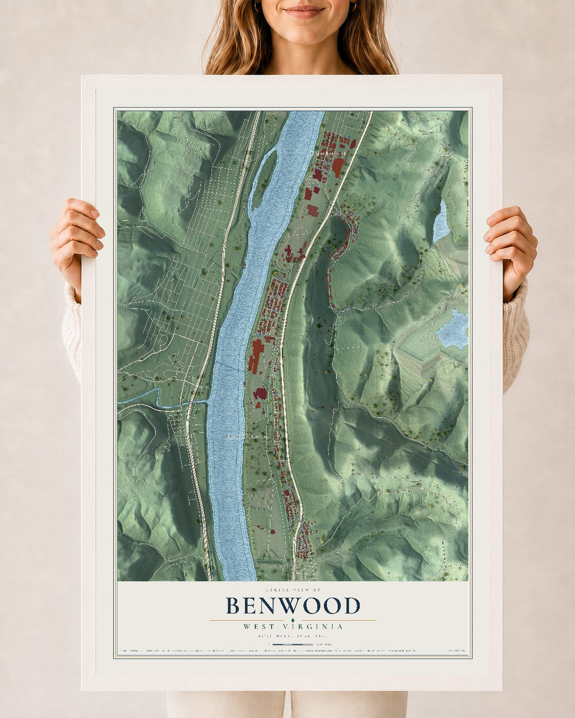 Map of Benwood, West Virginia, 24 x 36 inch print in a white wood frame