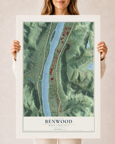Map of Benwood, West Virginia, 24 x 36 inch print in a white wood frame