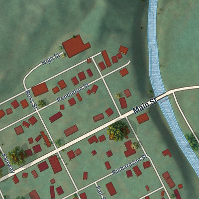 Close-up of the map of Bethany, West Virginia print showing street and building detail