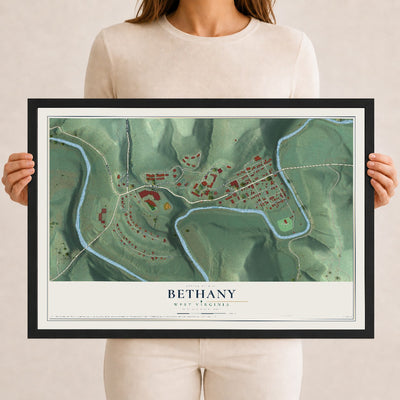 Map of Bethany, West Virginia, 12 x 18 inch print in a black wood frame