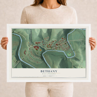 Map of Bethany, West Virginia, 12 x 18 inch print in a white wood frame