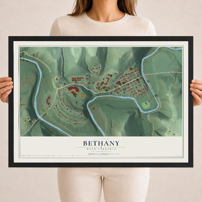Map of Bethany, West Virginia, 18 x 24 inch print in a black wood frame